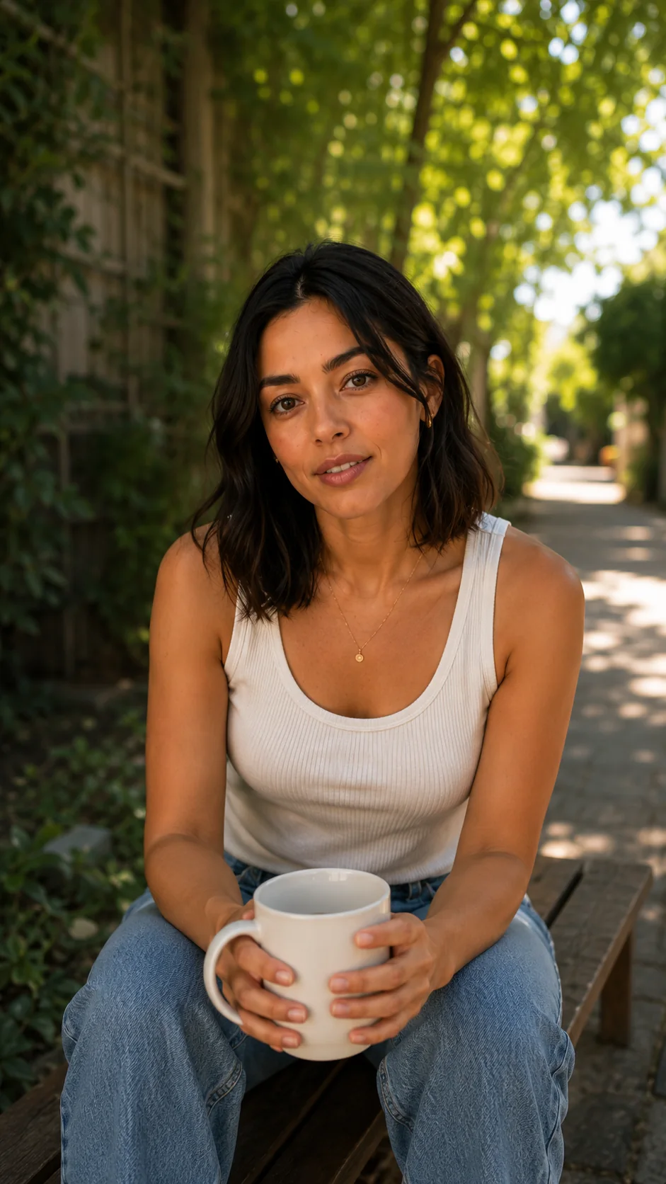 Mara sentada al aire libre con una taza entre las manos