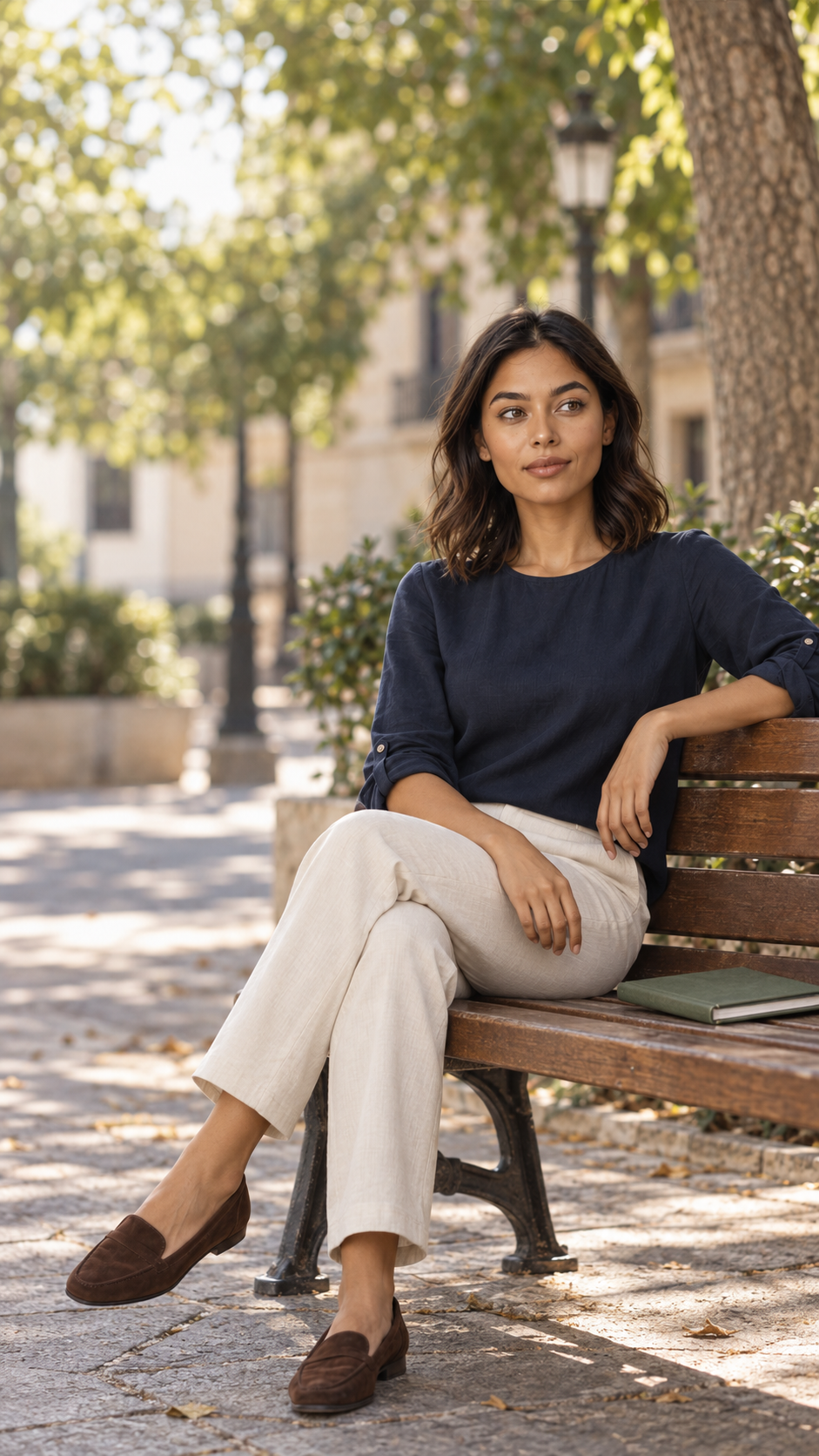 Mara sentada en un banco al aire libre